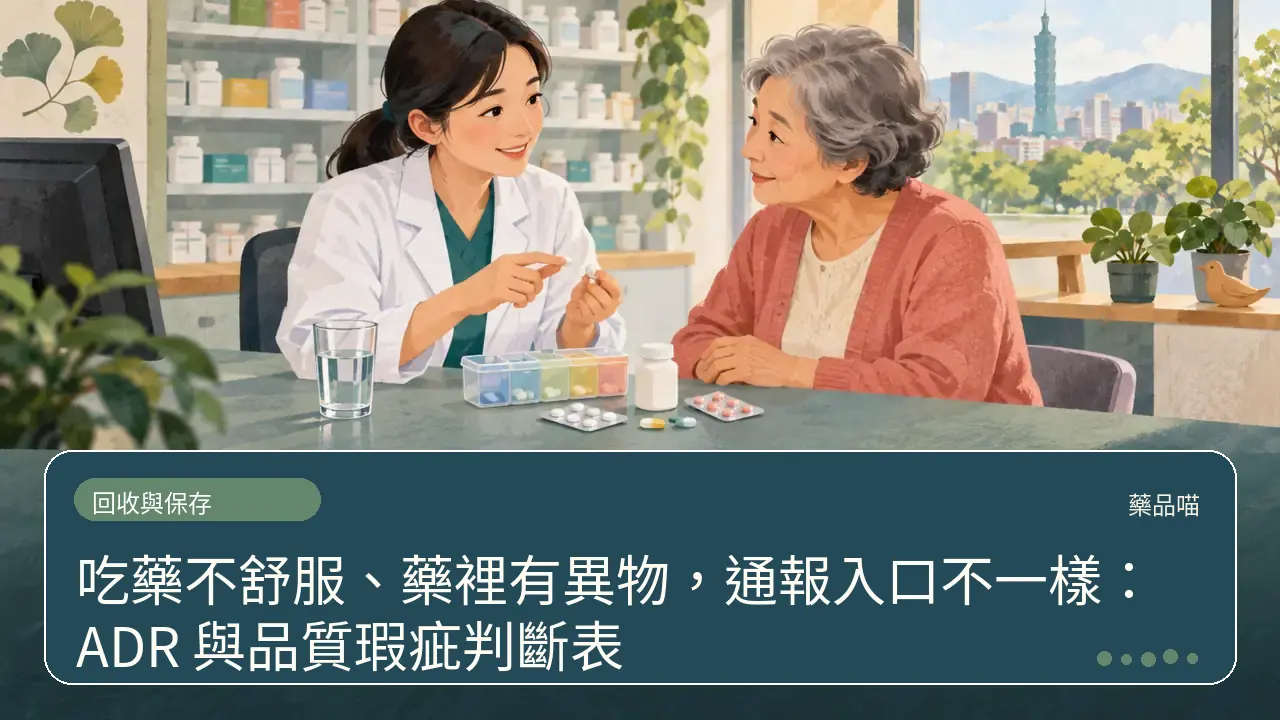 吃藥不舒服、藥裡有異物，通報入口不一樣：ADR 與品質瑕疵判斷表主題插畫