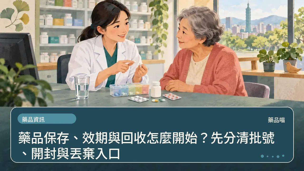 藥品保存、效期與回收怎麼開始？先分清批號、開封與丟棄入口主題插畫