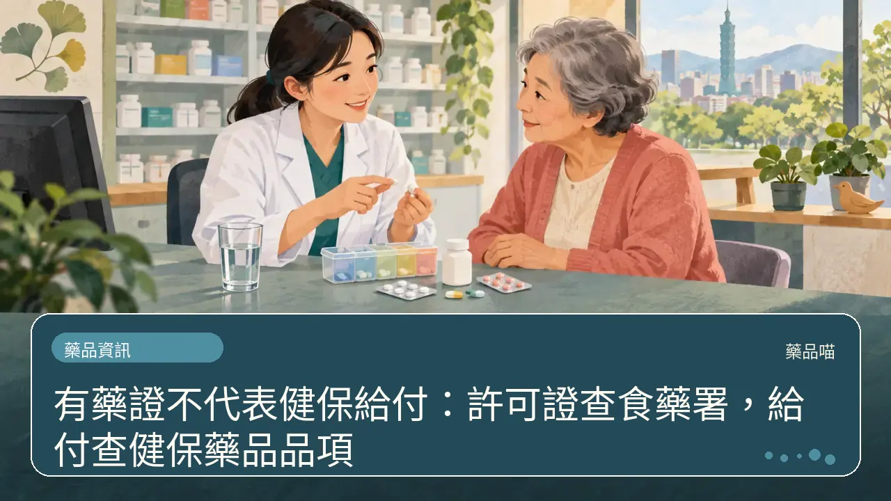 有藥證不代表健保給付：許可證查食藥署，給付查健保藥品品項主題插畫